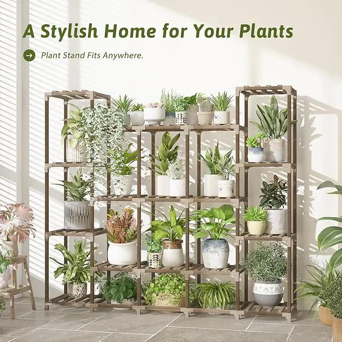 Large Plant Shelf 17 Pots Plant Stand Indoor Outdoor Tall Plant Rack Wood for Indoor Plants Multiple Plant Holder for Patio Balcony Garden Flower Stand Load-Bearing 600 LBS by GreenHaven Gardens