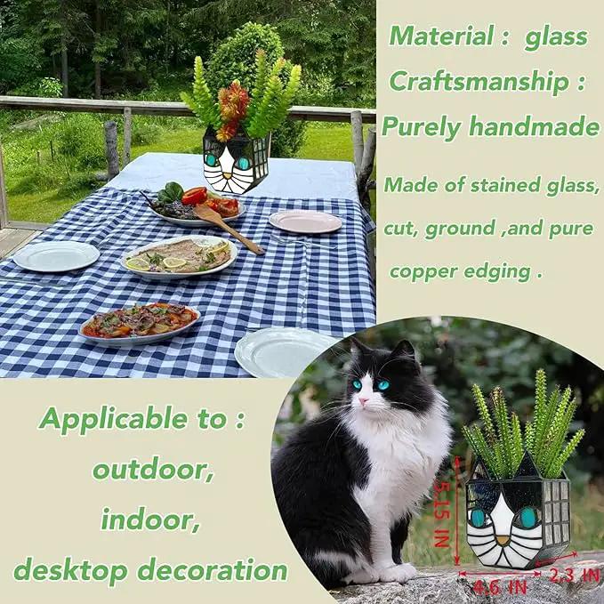 Tiffany Cute Cat Stained Glass Flower Pots,Indoor and Outdoor Plant Displays,Cat Plant Planter,Candle Holder Container Decoration 4.6 x 5.15 x 2.3 inch(11.7 x 13.1 x 5.8 CM)(Without Succulents)Black by GreenHaven Gardens