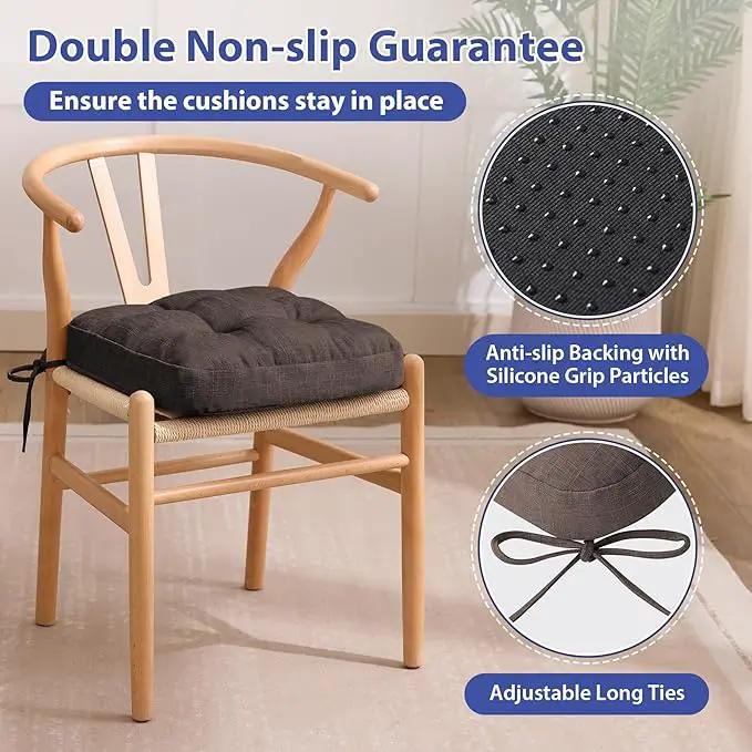 Chair Cushions for Dining Chairs, Dining Chair Cushions, Tufted Indoor Chair Pads with Ties & Non Slip Backing, Seat Cushions for Kitchen Chairs 16.5” x 16.5” x 3.5”, Set of 4, Brown by GreenHaven Gardens