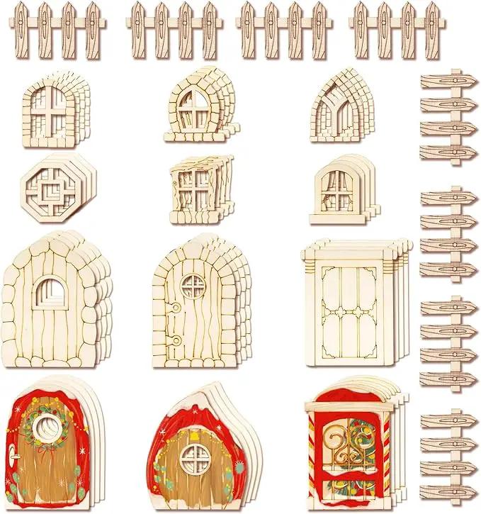 56 Pcs Fairy Door & Window Craft Kit - Wooden Garden Doors, Mini Fences, Unpainted Miniature Accessories for Home Party Event Decor - DIY Fairy House Decorations (Antique) by GreenHaven Gardens
