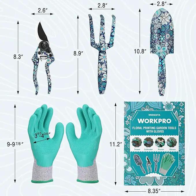 WORKPRO Aluminum Garden Tool Set, 4PCS Heavy Duty Hand Garden Tools with Box Include Trowel, Rake, Pruner, Garden Gloves, Blue Floral, Garden Gifts by GreenHaven Gardens