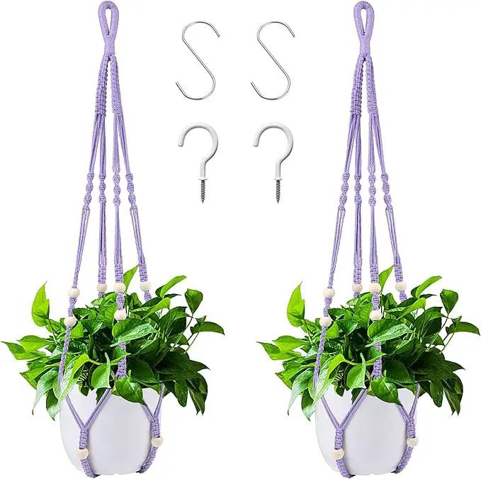 Augshy Macrame Hanging Planter, Hanging Planters for Indoor Outdoor Home Decor, Hanging Plant Holder No Tassels Set of 2 with 4 Hooks by GreenHaven Gardens
