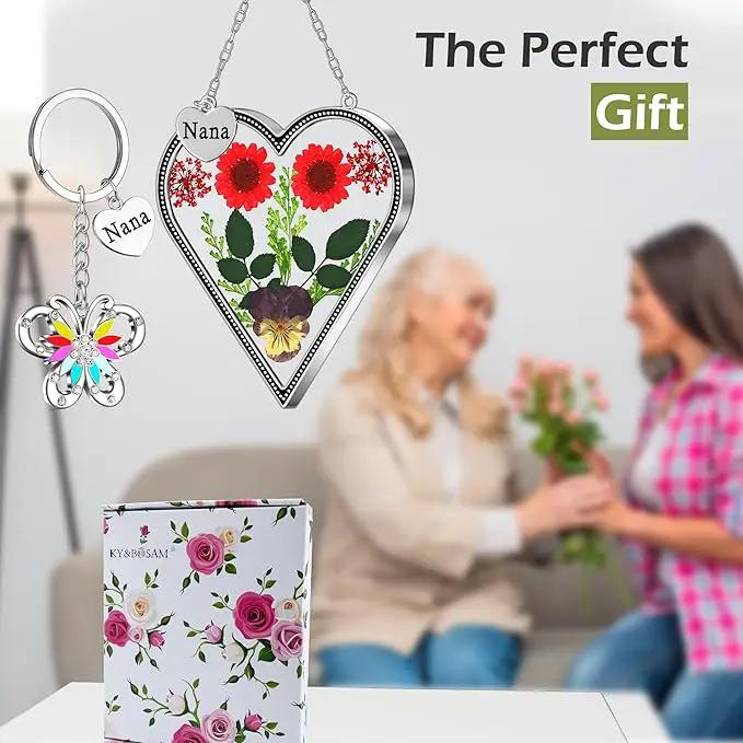 KY&BOSAM Heart Suncatcher Nana Gift for Nana Stain Glass Wind Chime for Window Pressed Flower Between Heart Glass Metal Engraved Charm Gift for Mother's Day Valentine's Birthday Thanksgiving Christmas by GreenHaven Gardens