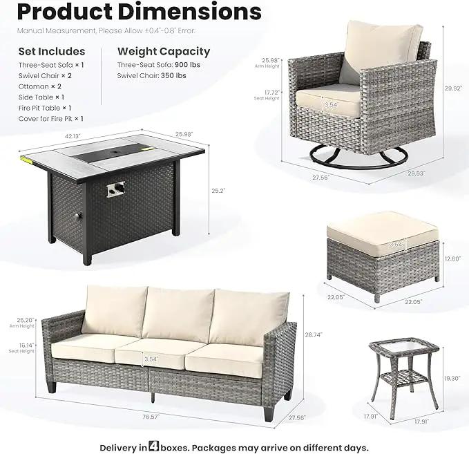 ovios 7 Pieces Patio Furniture Set with 42" Fire Pit Table, Outdoor Wicker Sofa with Swivel Chairs, All Weather High Back Rattan Couch Conversation Set, Beige by GreenHaven Gardens