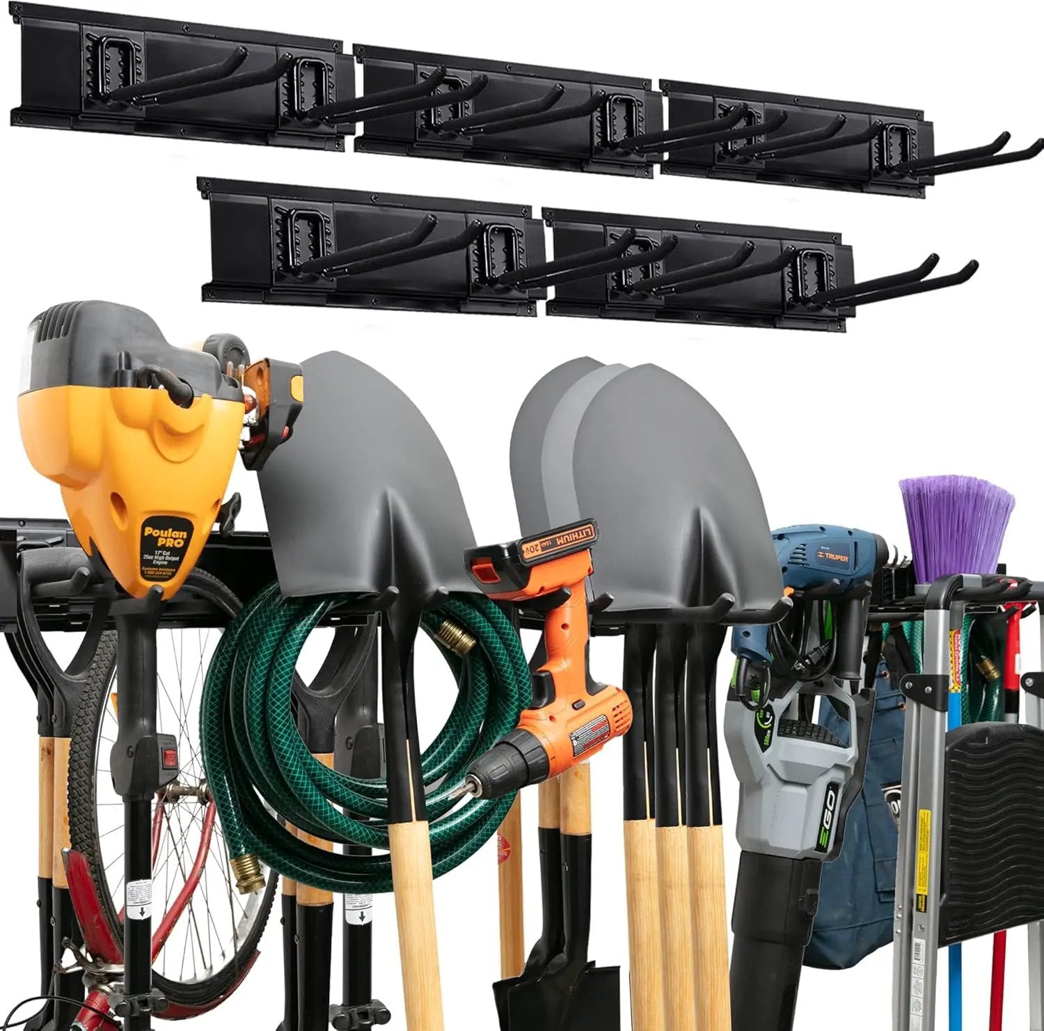 Garage Tool Organizer Wall Mount - 80 inches - Sturdy Storage Rack with Adjustable Hooks, Anti-Rust - Easy Installation, 500lbs Capacity - Garden Tool Organizer (05 Racks & 10 Hooks) by GreenHaven Gardens