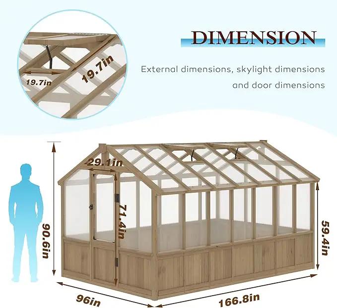 8x14 FT Outdoor Greenhouse Kit, 6MM Thick Polycarbonate Panel Wooden Walk-in Green House with Adjustable Roof Vents & Roof Vents, Backyard Garden, Light Mocha Brown by GreenHaven Gardens