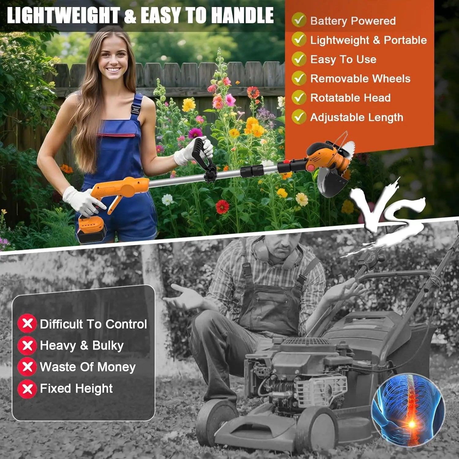 Cordless Weed Wacker Electric Eater Battery Powered, 21v Lightweight Weed Trimmer With 2 4.0Ah Battery Operated & Charger & Wheels & Shears, 3 In1 Grass Trimmer/Brush Cutter/Edger for Yard Garden Lawn by GreenHaven Gardens