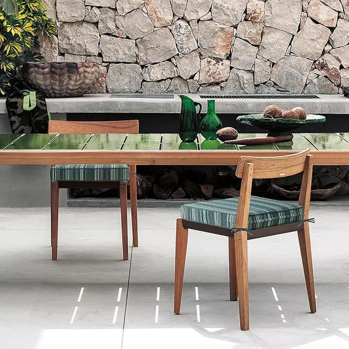 Sunbrella Square Corner Seat Cushions, 19" x 19" x 3", Set of 4, Indoor Outdoor Water Repellent Universal Chair Pads with Ties for Patio Furniture, Garden Deck Dining Chairs, Beach Stripe Lagoon by GreenHaven Gardens