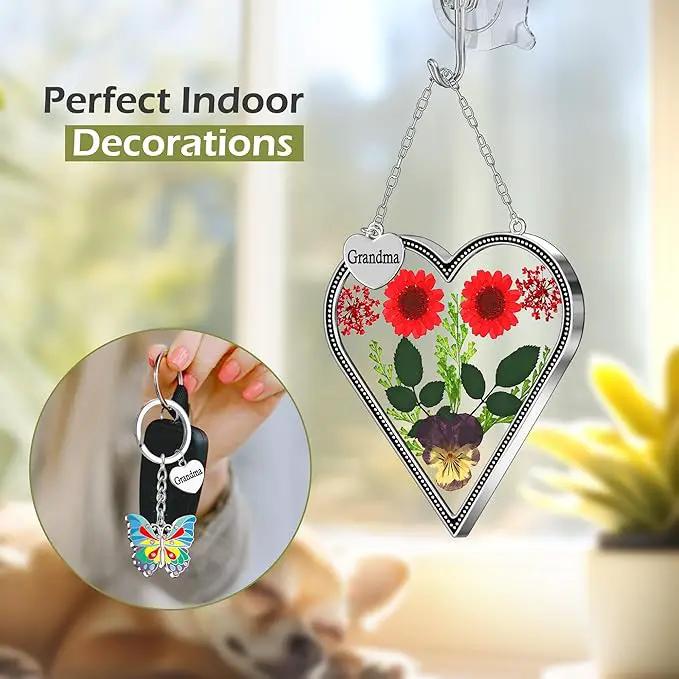 KY&BOSAM Heart Suncatcher Grandma Gifts Glass Butterfly Suncatchers for Window Pressed Flower Between Heart in Glass Metal Engraved Charm Gift for Women Mother's Day Valentine's Birthday Christmas by GreenHaven Gardens