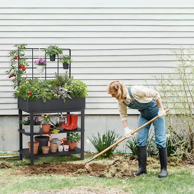 Elevated Planter Box with Trellis Raised Garden Bed with Legs Outdoor Standing Flower Beds for Patio Vegetable Herb by GreenHaven Gardens