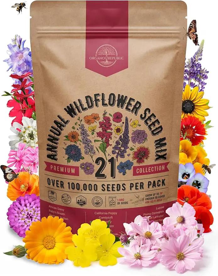 Organo Republic 21 Annual Wildflower Seeds Mix for Indoor & Outdoors. 100,000+ Non-GMO, Heirloom Wildflower Garden Seeds, 4oz Packet for Growing Wild Flowers to Attract Bees, Butterflies & Birds by GreenHaven Gardens
