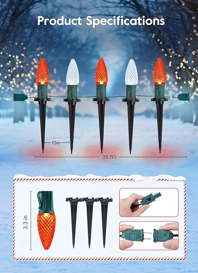Brightown Strawberry C9 Christmas Pathway String Lights, 25.7 Feet C9 Walkway Lights with 20 Clear Bulbs and Stakes, Connectable Christmas Lights Outdoor Decoration for Outside Lawn, Red & Pure White by GreenHaven Gardens