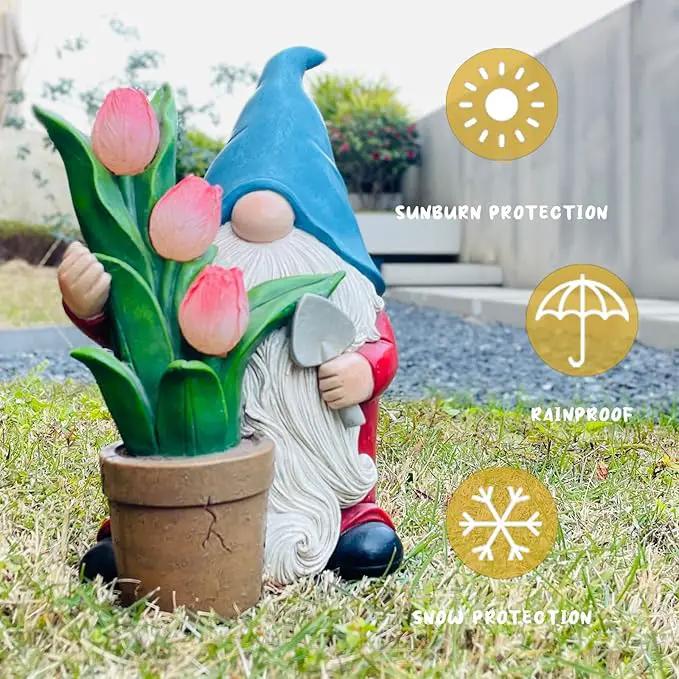 Garden Gnome Statue, Sculpture of a Dwarf Holding a Shovel and a Flower Pot, Solar Gnome Statues Outdoor Decor, Outside Lawn Patio Yard Ornament Gifts by GreenHaven Gardens