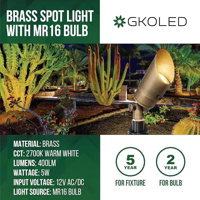 GKOLED 12 Pack Brass Landscape Spotlight, LED Low Voltage Landscape Lighting, Outdoor Adjustable Lights for Yard Wall Lawn Tree Patio Garden, Waterproof Directional Up Light with 5W MR16 Bulb by GreenHaven Gardens