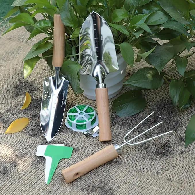 Garden Tool Set, 3 Pieces Gardening Kit with Garden Plant Twist Tie and Plastic Plant Tag, Stainless Steel Heavy Duty Garden Tools with Wooden Handle, Gardening Gifts for Women by GreenHaven Gardens