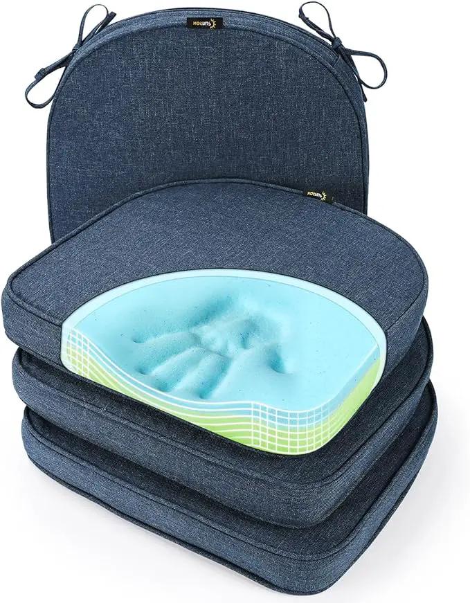 SUNROX Gel Memory Foam Chair Cushions, FadeShield Water-, Stain-Resistant Durable Reversible Seat Cushion Pads with Ties for Indoor/Outdoor Kitchen Dining Office, 19"x19", Set of 4, Heather Indigo by GreenHaven Gardens