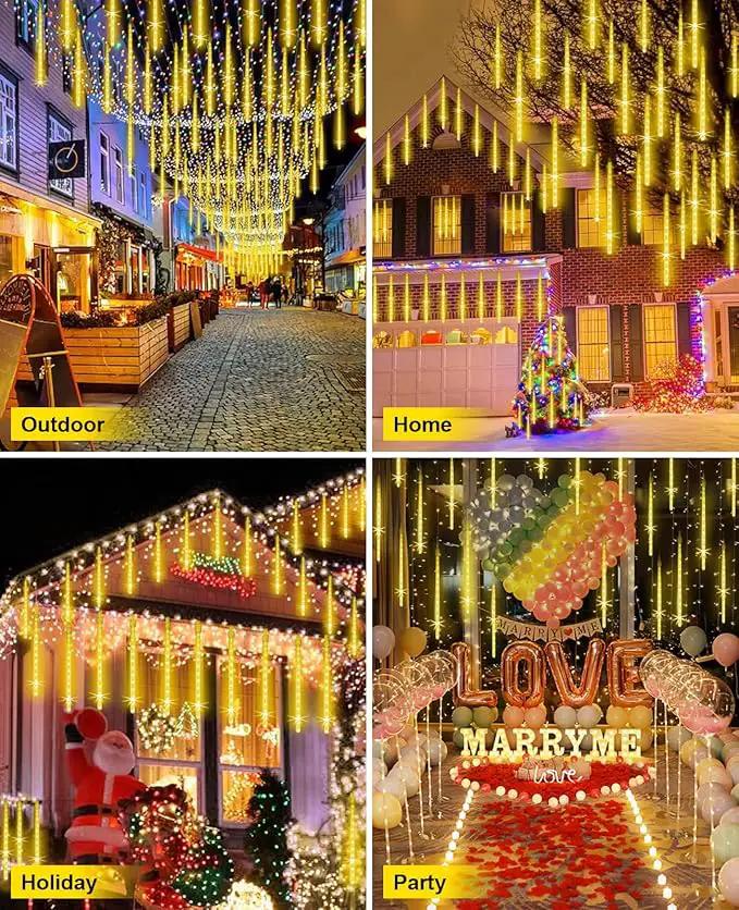 Meteor Shower Rain Lights Solar Christmas Lights Outdoor Falling Rain Drop Lights Snowfall Icicle Cascading String Lights 16 Tubes 16 Inch 576LED for Xmas Tree Wedding Party Holiday Patio Garden Decor by GreenHaven Gardens