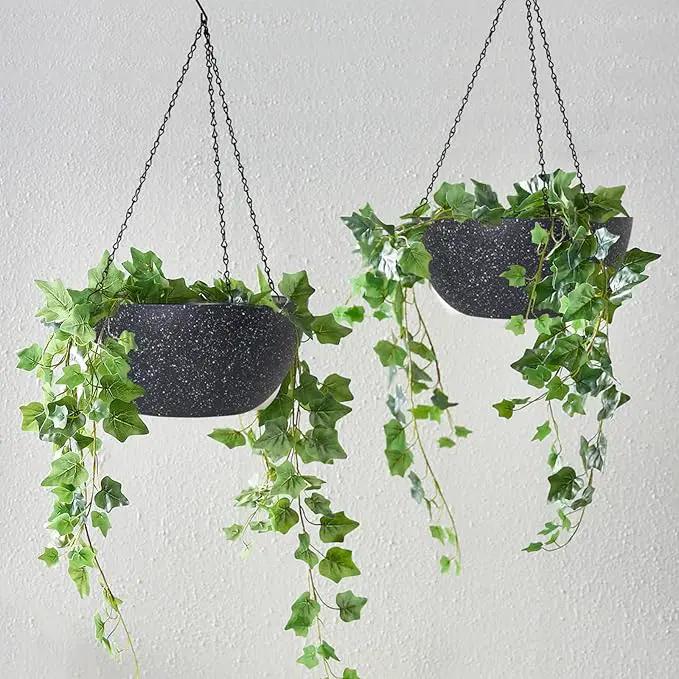 WOUSIWER 13 inch 2Pack Large Hanging Planters for Outdoor Indoor Plants with Drainage Holes and Chain, Round Hanging Flower Pots for Garden Home Porch Decor, Black Speckles by GreenHaven Gardens