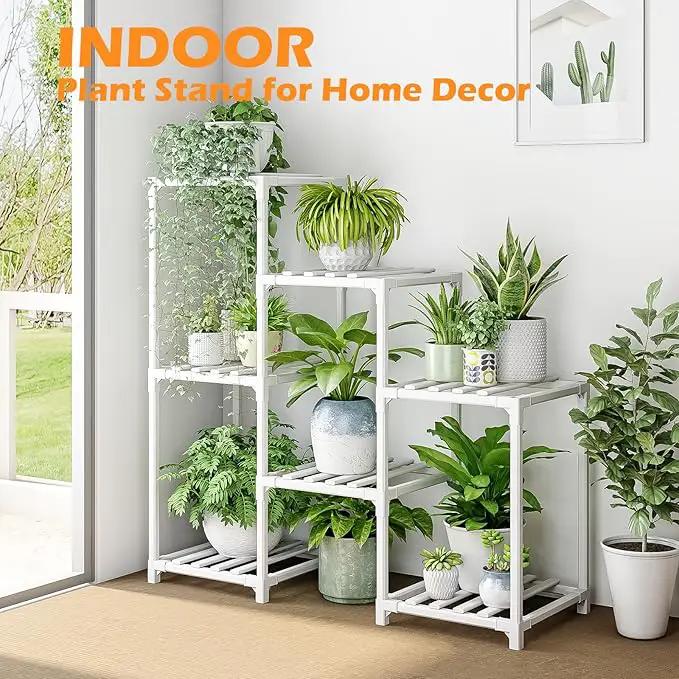 Bamworld Indoor Plant Stand Outdoor White Shelf Bamboo Plant Table for Multiple Plants 3 Tiers 7 Pots Ladder Holder Pot Window Garden Balcony Living Room by GreenHaven Gardens