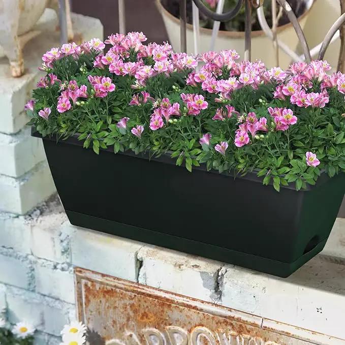 Window Box Planter, 10 Pack Plastic Vegetable Flower Planters Boxes 17 Inches Rectangular Flower Pots with Saucers for Indoor Outdoor Garden, Patio, Home Decor (Black) by GreenHaven Gardens