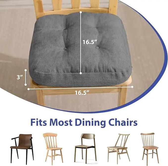 Chair Cushions for Dining Chairs, Dining Chair Cushions, Tufted Indoor Chair Pads with Ties & Non Slip Backing, Seat Cushions for Kitchen Chairs 16.5” x 16.5” x 3.5”, Set of 4, Grey by GreenHaven Gardens