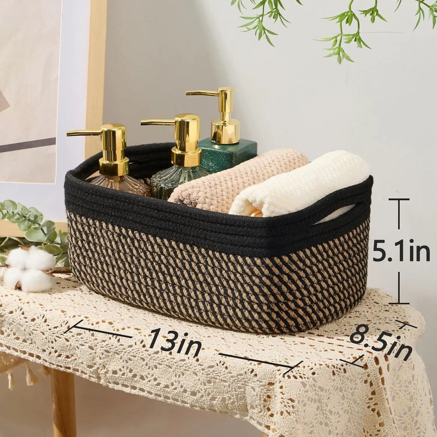 Small Storage Baskets for Organizing | Closet Organizer Bins | Shelf Toy Basket | Woven Rope Baskets | Cube Decorative Box | Shallow Basket | 13x8.5x5.1” | 4 Packs Black Brown by GreenHaven Gardens