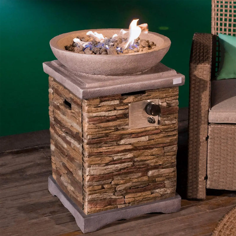 COSIEST Outdoor Propane Fire Pit Table w Faux Brown Compact Ledge Stone 20" Square Base and Faux Rose-Marble Round Bowl, CSA Certified, 40,000 BTU, Free Lava Rocks, Fits 20lb Tank Inside, Raincover by GreenHaven Gardens