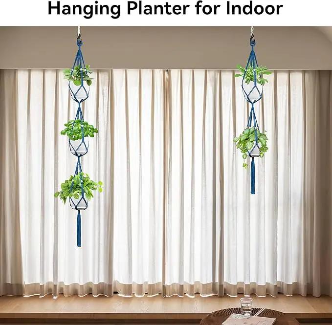 USLAI Macrame Plant Hanger Indoor Outdoor, Up to 4-15 inch Pot, Heavy 20lb Planters, Extra Long Strong Hanging Planter Basket Holder, Boho Home Decor, 49+72 Inch, Blue (POTS NOT Included) by GreenHaven Gardens