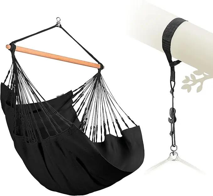 LA SIESTA® - Large Comfort Habana Cotton Hammock Chair & TreeMount - Hanging Hammock Chair w/Suspension Kit for Trees Beams & Posts - Indoor Outdoor Swing Hanging Chair Bedroom Patio Balcony - Onyx by GreenHaven Gardens