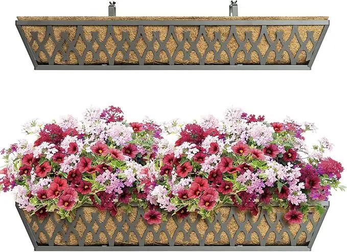 Window Boxes Planters: 2 Pack 30 Inch Railing Planter Box with Adjustable Brackets for Porch Fence Patio Balcony Hanging Flower Baskets with Coco Liners for Outdoor Garden Decor - Grey by GreenHaven Gardens
