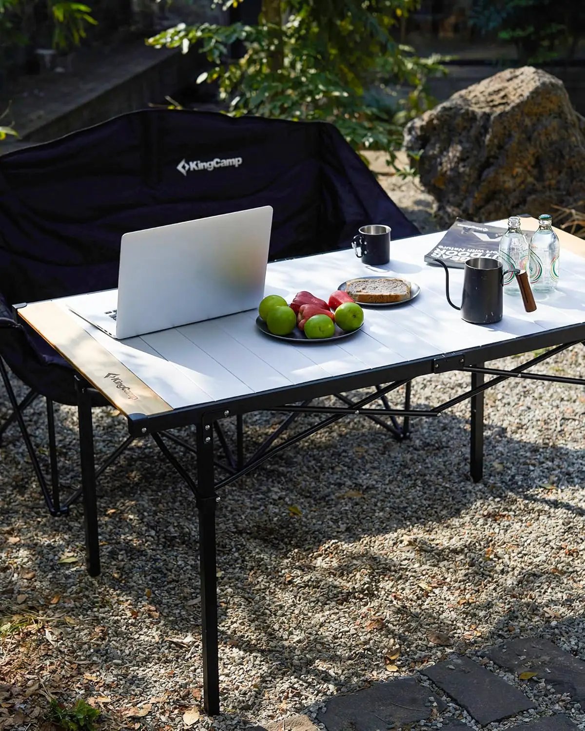 KingCamp Aluminum Folding Lightweight Roll Portable Stable Table for Camping Picnic Barbecue Backyard Party, Indoor & Outdoor, Oversize, Silver Black (Extended Pro, #6P Bamboo) by GreenHaven Gardens