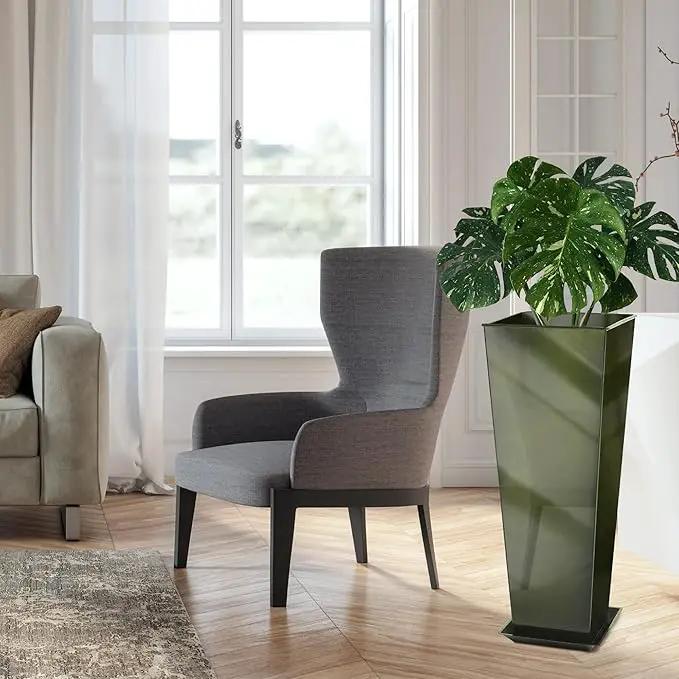 KOL 28''H. Tall Metal Planter with Saucer, Galvanized Steel Glazed Planter Pots with Drainage Hole for Indoor & Outdoor Use, Set of 2, Decorative Flower Plant Pots for Front Porch, Patio, Deck - Green by GreenHaven Gardens