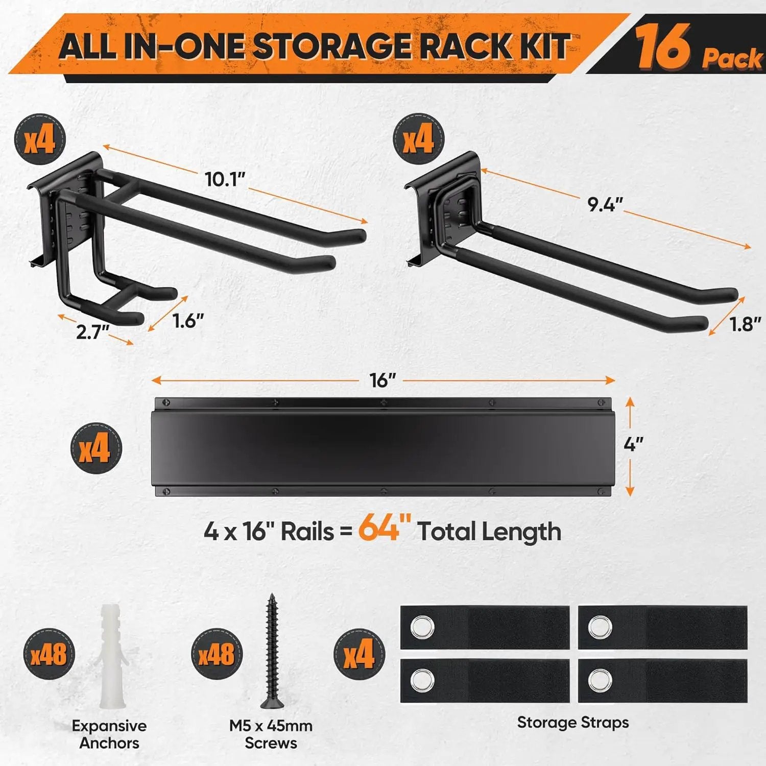 Garden Tool Organizer Wall Mount, 64 inches Tool Storage Rack with Adjustable Hooks, 600lbs Adjustable Heavy Duty Metal Hooks, Yard Shed Rack Holder System Hanging Rake Broom Mop Snowboard, Men Gift by GreenHaven Gardens