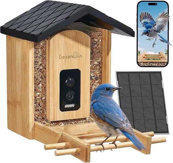 Smart Bird Feeder with Camera for Wild Birds - Identifies 11,000+ Species, Solar Panel Wireless Outdoors Bamboo Birdhouse with Cam, 2K HD Live Video & Instant Alerts - Bird Lover Gifts by GreenHaven Gardens