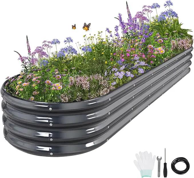 Galvanized Raised Garden Bed Outdoor- Raised Beds for Gardening| Metal Planter Box, Steel Raised Garden Bed Kit with Safety Edging and Gloves for Vegetables, Flower, Herbs (8x2x1FT, Gray) by GreenHaven Gardens