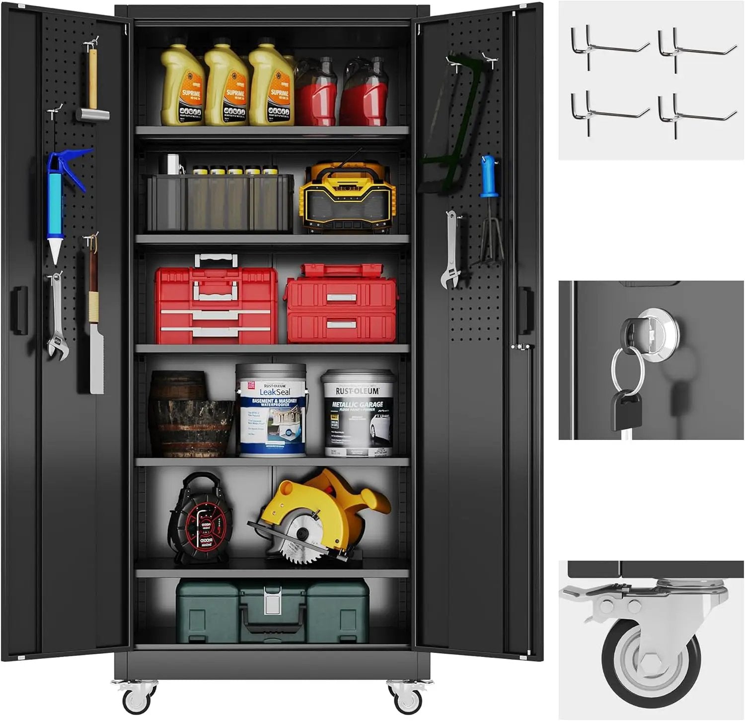 Metal Garage Storage Cabinet with Wheels & Pegboard, Lockable Metal Storage Cabinets with 2 Doors&5 Adjustable Shelves for Garage&Home,Assembly Required,Black 71''H x32''W x16''D by GreenHaven Gardens