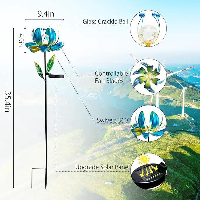 Huaxu Solar Outdoor Lights 35.4In Garden Decor Flower Wind Spinners,Waterproof LED Crackle Glass Globe Blue Lotus Art Metal Stake for Lawn Patio Pathway Yard Porch Driveway Decorations Gift by GreenHaven Gardens