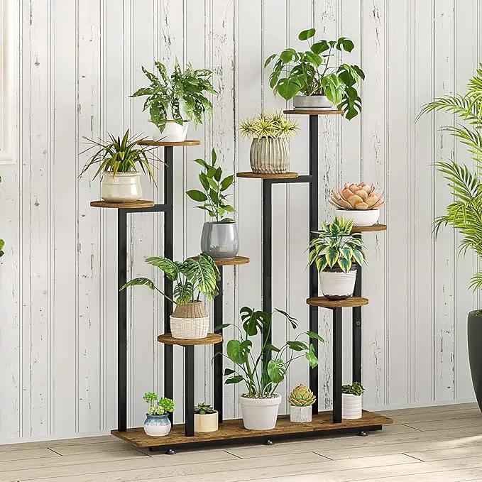 Plant Stand Indoor 9 Tier 11 Potted Multiple Flower Pot Holder for Patio Garden Balcony Living Room Corner (9 Tier Black+Rustic Brown) by GreenHaven Gardens