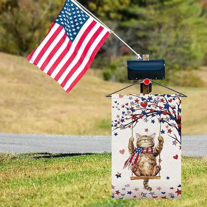Heyfibro 4th Of July Patriotic Cute Cat Garden Flag 12x18 Double Sided Burlap, Heart Star Tree Pattern USA Flags Retro Yard Banner for Rustic Independence Day Outdoor Decor (ONLY FLAG) by GreenHaven Gardens