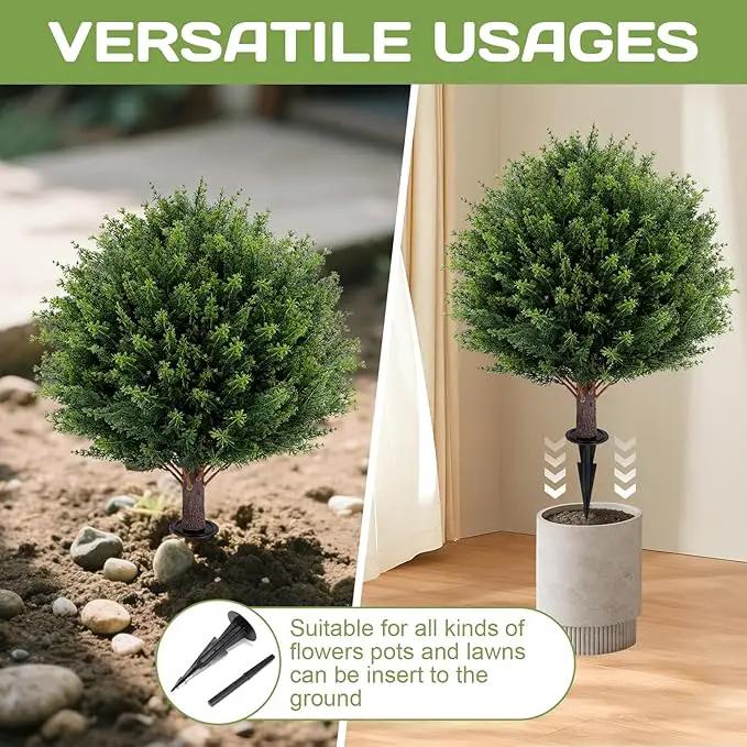 Artificial Cedar Topiary Ball Tree 23" with Ground Spike, Set of 2 Artificial Boxwood Bushes for Faux Shrubs, Fake Evergreen Faux Plant for Indoor Outdoor Porch Garden- UV Resistant – Fade-Proof by GreenHaven Gardens