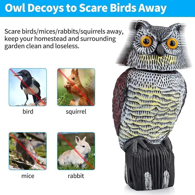 Owl Decoys to Scare Birds & Squirrels Away, 360 Rotating Head, Plastic Garden Owls for Indoor/Outdoor Use by GreenHaven Gardens