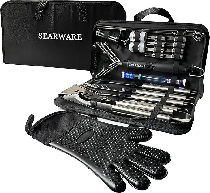 Barbecue Grill Tool Set - Stainless Steel - Strong Durable Design - Heat Resistant Glove & Bristle Free Grill Brush - Thermometer, Meat Injector, & Corn Skewers - Perfect For Smokers & Grills by GreenHaven Gardens