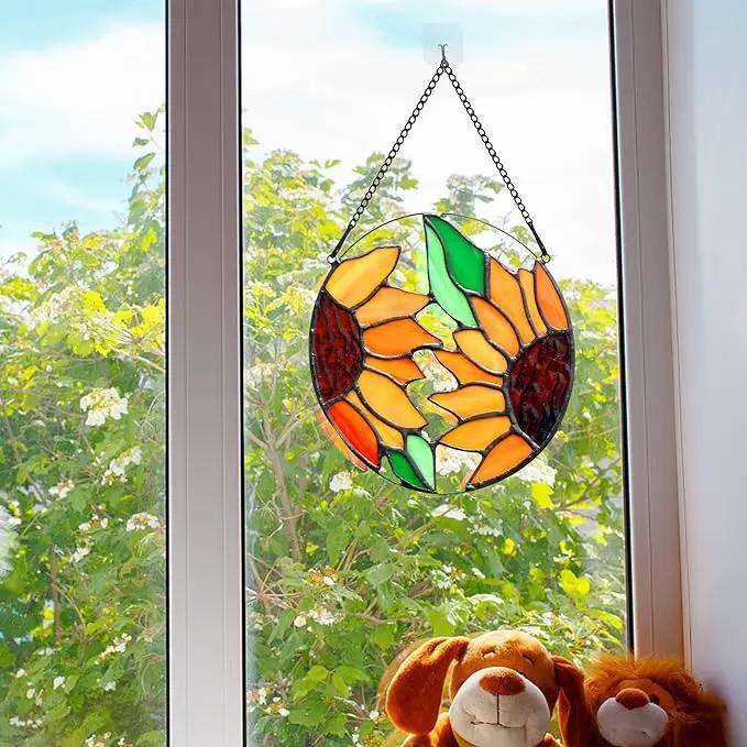 BOXCASA Sunflower Decor Stained Glass Window Hanging,Handmade Art Craft Sun Flower Glass Suncatchers for Window,Tiffany Style Ornament Home Decoration Housewarming Gifts for Mother by GreenHaven Gardens