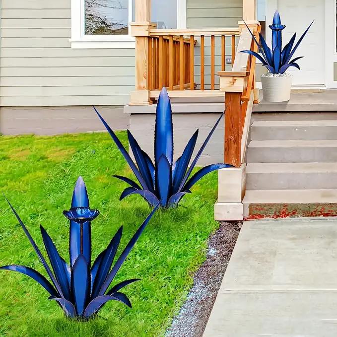 Upgraded Large Metal Yard Art, Metal Agave Plant Yard Decorations Outdoor Sculpture, Metal Flowers for Outside, Waterproof Outdoor Garden Decor (Blue+ Bird Feeder) by GreenHaven Gardens