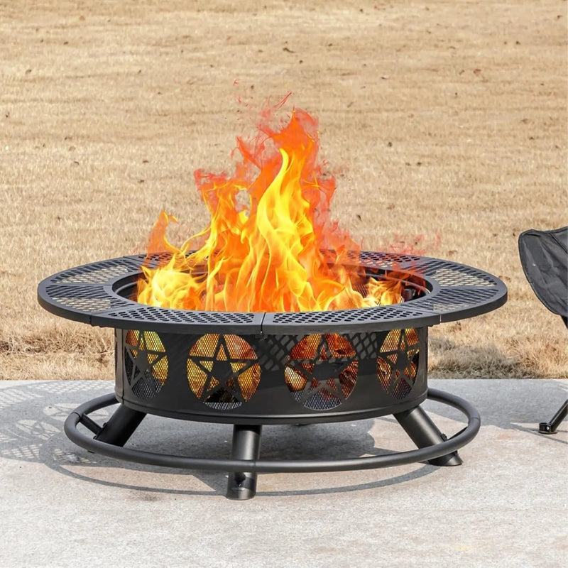 36 Inch Fire Pit with 2 Grills, Wood Burning Fire Pits for Outside with Lid & Poker, BBQ& Outdoor Firepit & Round Metal Table 3 in 1 for Patio, Picnic, Party by GreenHaven Gardens