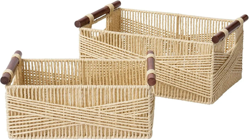 LA JOLIE MUSE Wicker Storage Baskets for Organizing, Recyclable Paper Rope Basket with Wood Handles, Decorative Hand Woven Basket Organizers for Makeup Books Shelves Living Room, Beige, Set of 2 by GreenHaven Gardens