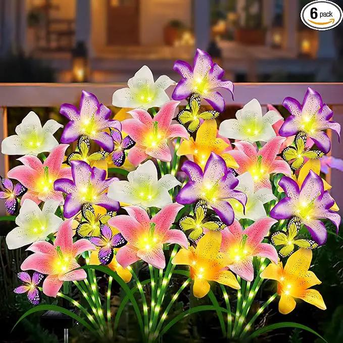 Solar Garden Lights 6 Pack 24 Lily Flowers with Butterfly Decor, Waterproof Solar Flower Lights for Outdoor - Upgraded Decorative Lilies for Yard, Patio, Pathway Decorations & Gardening Gifts by GreenHaven Gardens