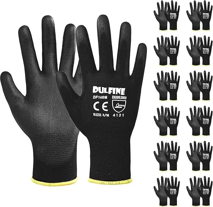 DULFINE Ultra-Thin PU Coated Work Gloves-12 Pairs,Excellent Grip,Nylon Shell Black Polyurethane Coated Safety Work Gloves, Knit Wrist Cuff,Ideal for Light Duty Work. (Small) by GreenHaven Gardens