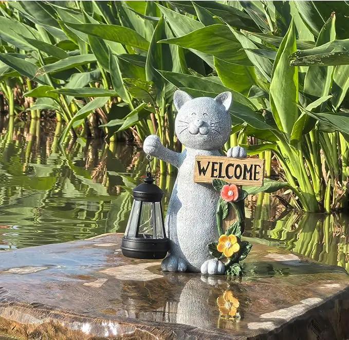 Solar Cat Statue with Solar Lantern-Outdoor Garden Décor, LED Lighted Kitty Figurine for Patio, Lawn,Yard-Valentine's Day, Birthday Gifts for Mom,Grandma,Cat Lovers by GreenHaven Gardens