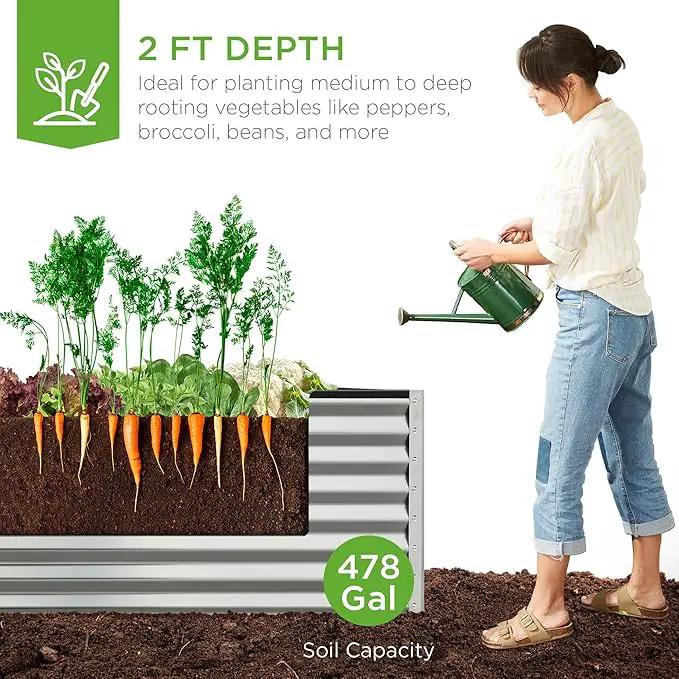 Best Choice Products 8x4x2ft Outdoor Metal Raised Garden Bed, Deep Root Planter Box for Vegetables, Flowers, Herbs, and Succulents w/ 478 Gallon Capacity - Silver by GreenHaven Gardens